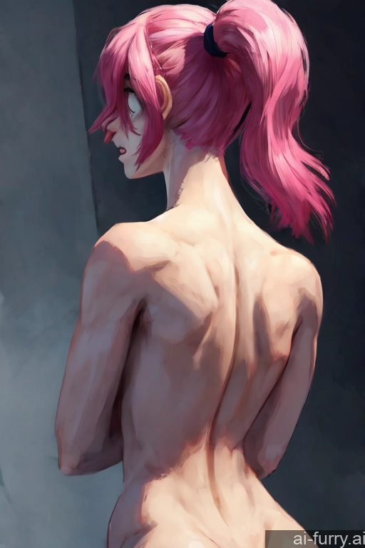 Pink Hair Shocked Woman Beautiful One Back View Ponytail