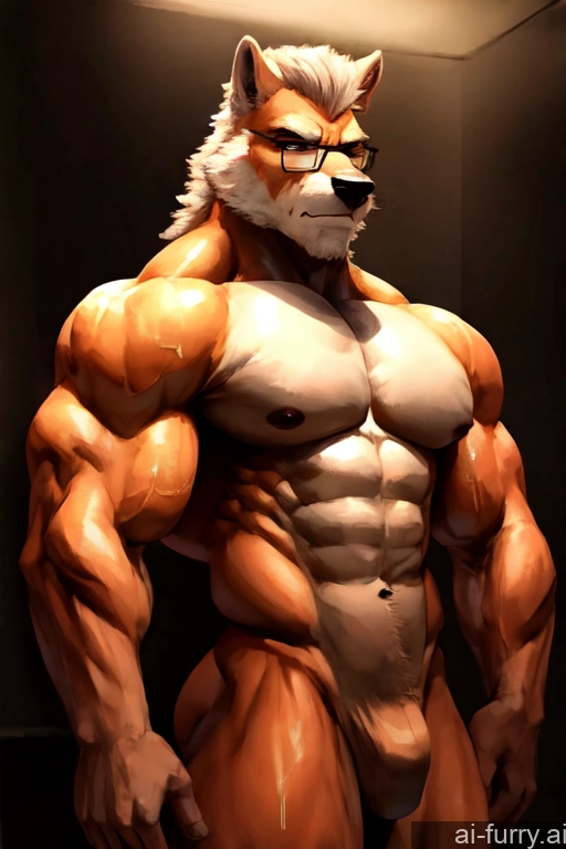 Muscular Tall Bodybuilder Dark Lighting Sexy Face Serious 60s Oiled Body Glasses Partially Nude Seductive