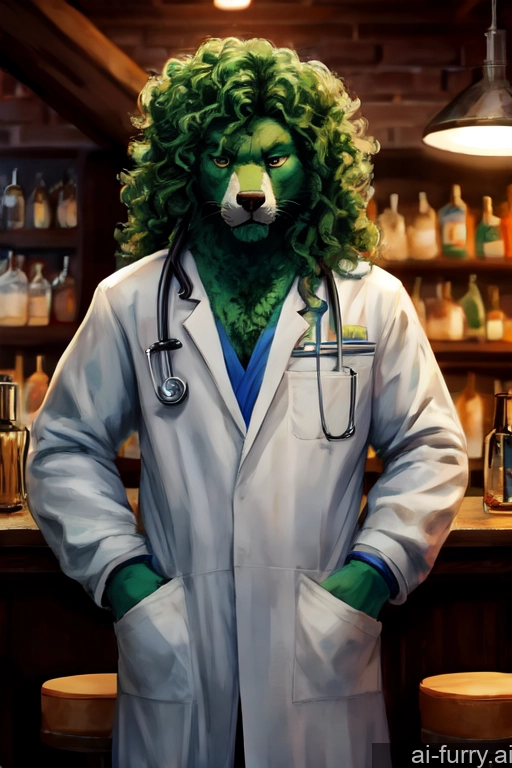 Doctor 20s Messy Bar Serious Professor Long Hair Curly Hair Front View Greek Perfect Body Film Photo Space Suit Detailed Irish One Green Hair Teacher Model