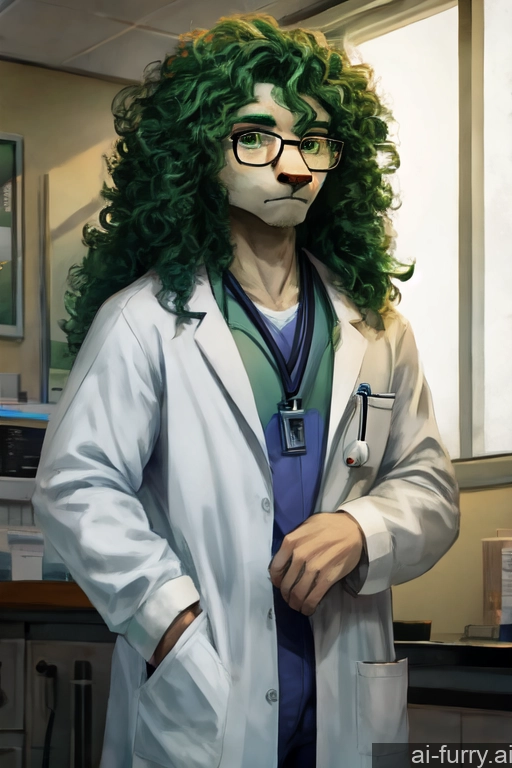 Hospital Green Hair Film Photo Lab Coat Front View Fairer Skin Athlete Doctor Detailed Teacher One Curly Hair 20s Serious Bright Lighting Glasses Long Hair Messy