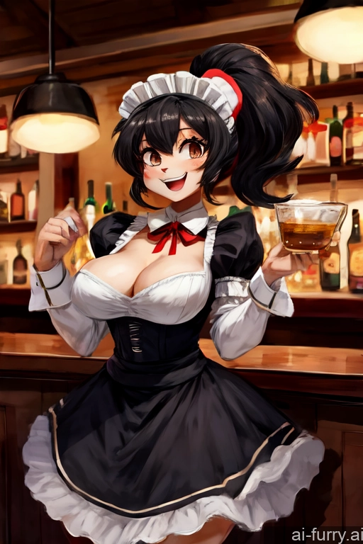 Crisp Anime Happy Black Hair Tall Russian Milf Busty Woman Front View Jumping One Bar Ponytail 18 Maid