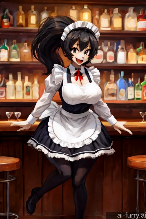 Russian Tall Happy Jumping Ponytail Crisp Anime Maid Front View Bar Black Hair Woman Busty Milf 18 One