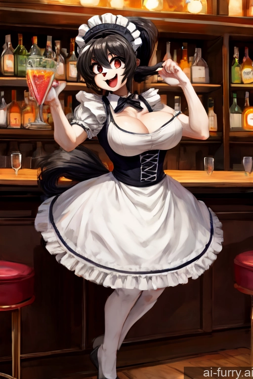 Milf Crisp Anime Jumping Tall Front View Bar Happy One Maid 18 Ponytail Woman Russian Black Hair Busty