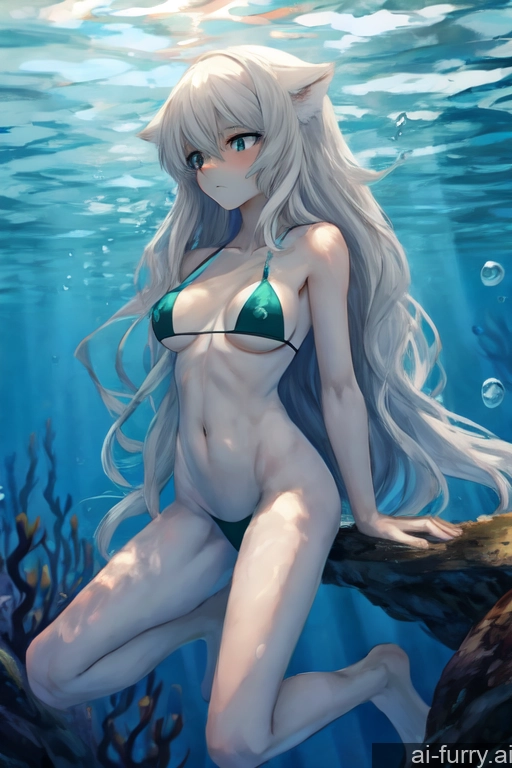 Beautiful Skinny White Hair Woman Underwater One Nude Partially Nude Long Hair Bikini Perfect Body 18 Small Tits Serious Soft Anime Short Sad