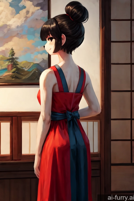 Bobcut Hair Bun Front View Side View Happy Painting T-pose Woman Black Hair Dress 18 One Japanese Back View