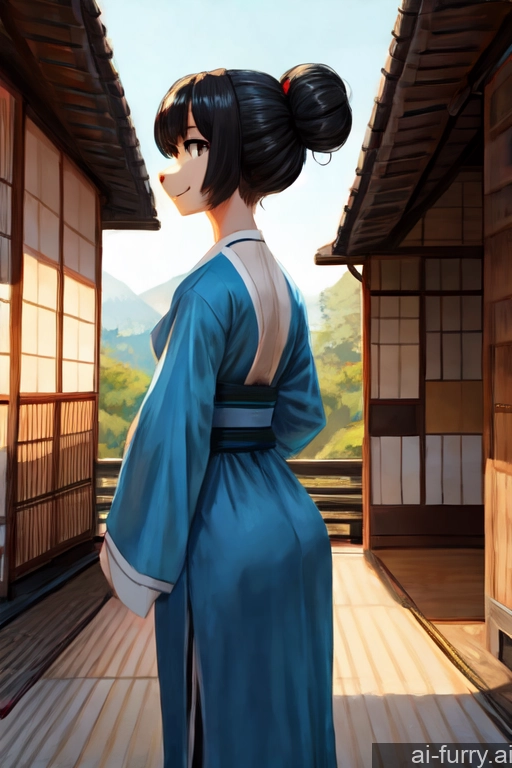 Black Hair Back View Japanese Hair Bun One Dress Bobcut T-pose Side View Happy 18 Front View Woman Painting