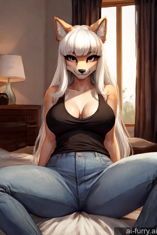 Seductive Front View Woman Bangs Spreading Legs Jeans Perfect Boobs Tank Top Long Hair Bedroom White Hair One Small Ass 18