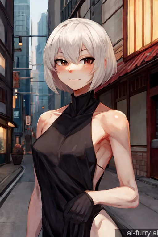 One White Hair Front View Perfect Body Street Soft + Warm Bobcut Short Hair 18 Crisp Anime Dark Fantasy 90s Japanese Skinny Sexy Face