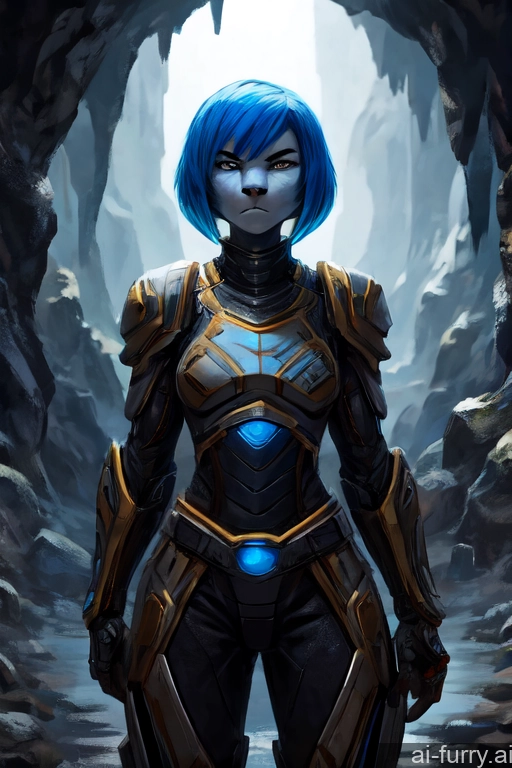 Serious Bobcut 18 Front View White One Muscular Blue Hair Cave Short Hair Sci-fi Armor Detailed Dark Fantasy Dark Lighting