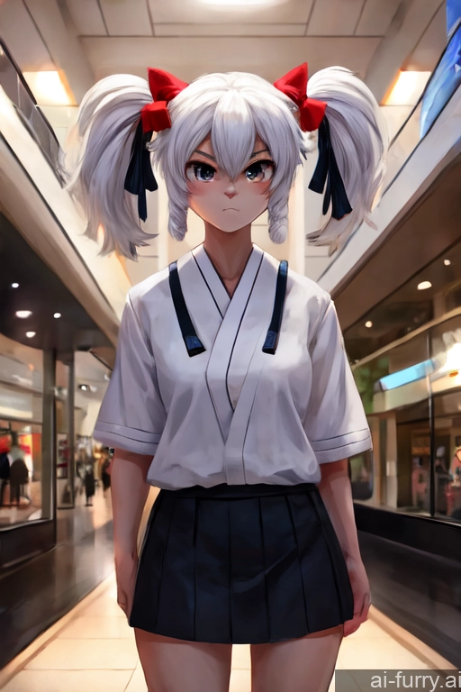 Mini Skirt Japanese Short Bright Lighting Serious Front View Woman One Pigtails Crisp Anime Cosplay White Hair 18 Mall Close-up View