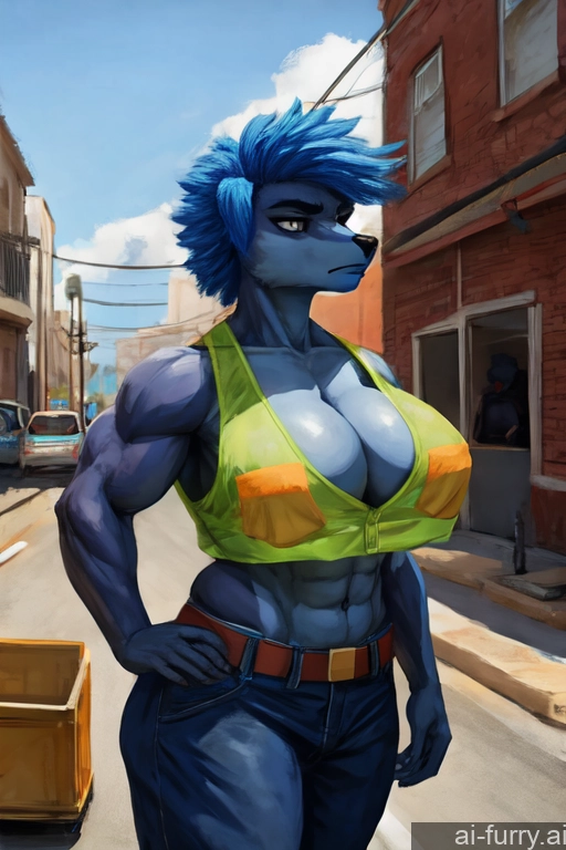 African Muscular One Street Perfect Boobs Milf Construction Worker 30s Serious Blue Hair