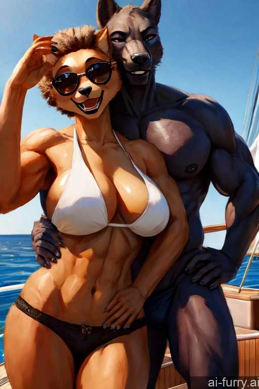 Yacht Happy Muscular Busty Woman + Man Perfect Body Russian Panties African Sunglasses