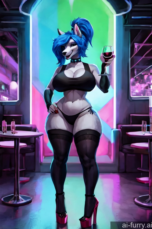 Big Hips Milf Russian Choker Stockings Wine Short Shorts 30s Ponytail High Heels Bright Lighting Thong Crop Top Cyberpunk Club Blue Hair Happy Perfect Boobs