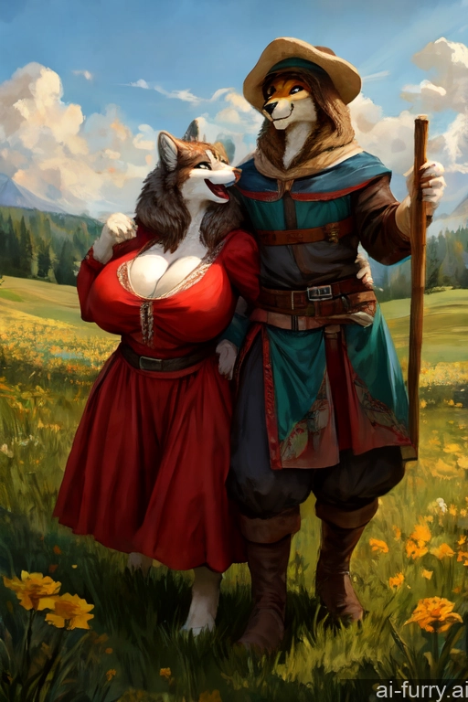 Medieval Two Russian Meadow 30s Woman + Man Huge Boobs Happy