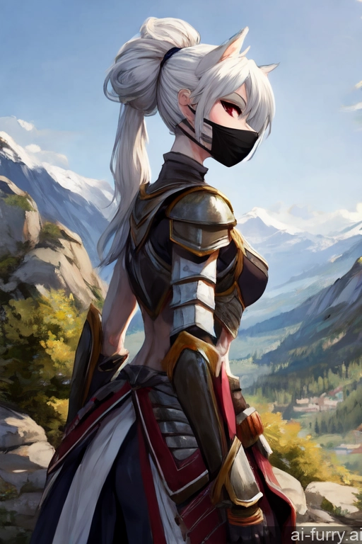 Ponytail Mountains Skinny Fantasy Armor Soft Anime White Hair Hair Bun Beautiful Face Mask Seductive White Two Woman