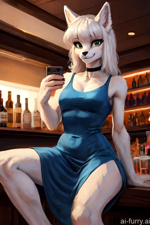 Bright Lighting Woman Dress One Bar Spreading Legs Athlete Mirror Selfie Skinny White Hair Happy Detailed Choker 20s Bangs