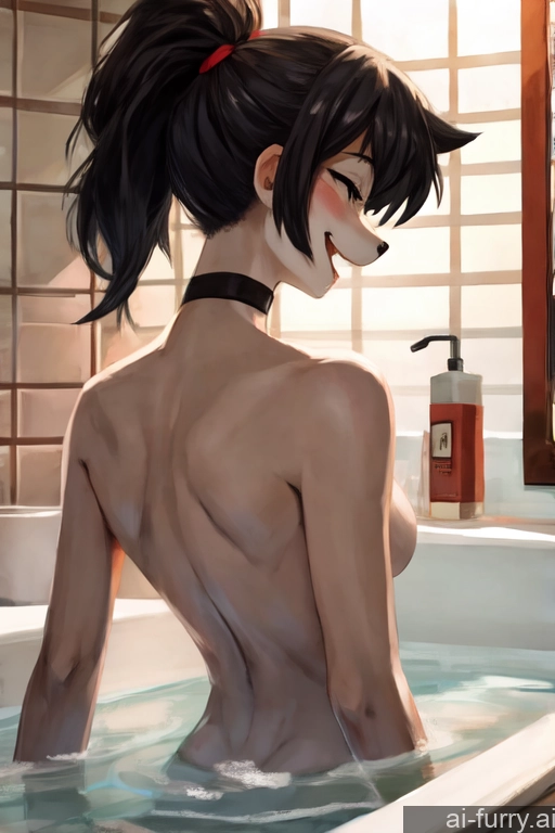Laughing One Bathroom Detailed Bathing Nude Bright Lighting 20s Woman Ponytail Choker Black Hair Skinny Soft Anime