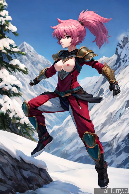 Serious Athlete Jumping Skinny One Short Hair Mountains Ponytail Woman Snow Soft Anime Pink Hair Fantasy Armor Small Tits Small Ass Painting 20s