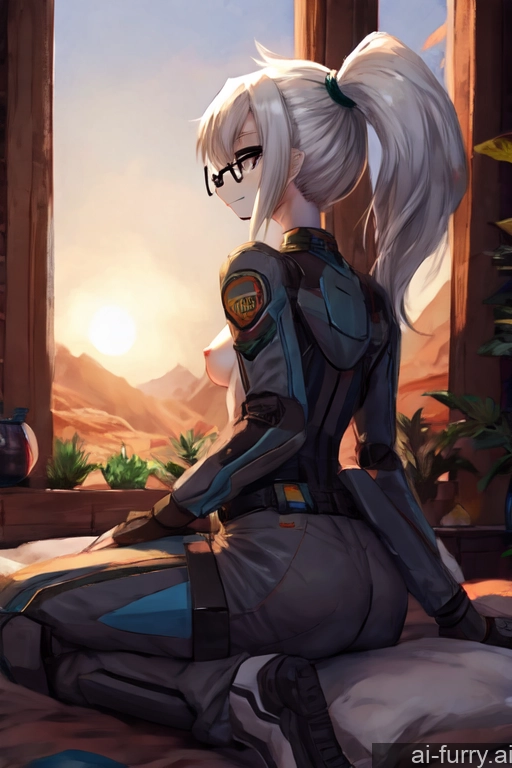 Oasis Perfect Body Seductive Mech Suit Woman Simple Shirt Small Tits One 20s Sleeping Dark Lighting Glasses Ponytail White Hair Back View Soft Anime Skinny