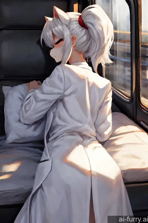 White Hair Ponytail Soft Anime Skinny Back View Crisp Anime Bus 20s Woman Small Tits Lab Coat Dark Lighting Seductive Sleeping One Simple