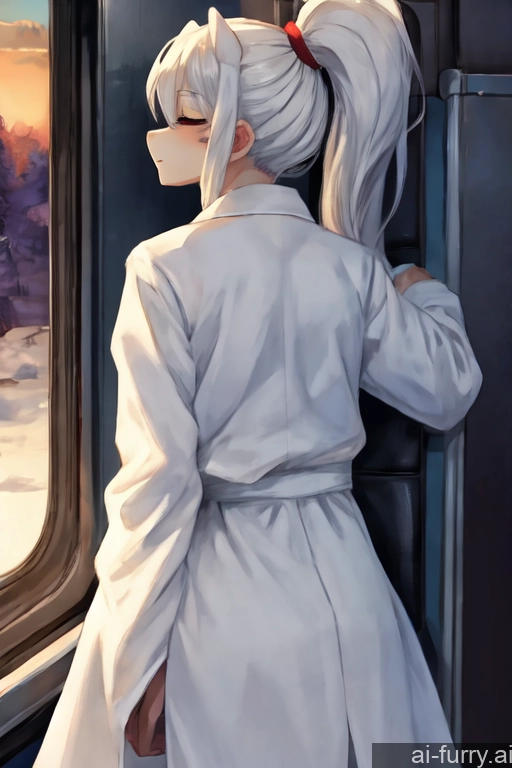 One Skinny Crisp Anime Soft Anime Sleeping Simple Back View Bus Woman 20s Ponytail White Hair Dark Lighting Small Tits Seductive Lab Coat