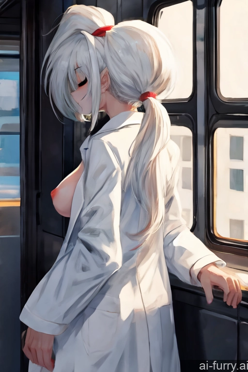 Woman Skinny White Hair Ponytail Lab Coat Bus One Sleeping Crisp Anime Soft Anime 20s Small Tits Dark Lighting Simple Seductive Back View