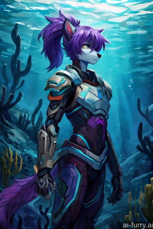 One Underwater Sad Purple Hair Cyborg Fur 18 Dark Lighting Detailed Russian Fantasy Armor Skinny Soft Anime Watercolor Cyberpunk Ponytail