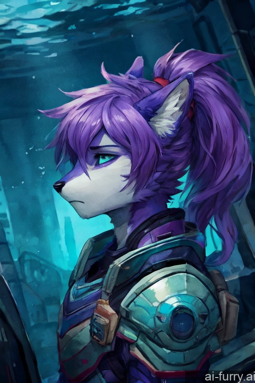 Ponytail Detailed Skinny Underwater Sad Watercolor Dark Lighting Soft Anime 18 Fur Russian Cyberpunk One Purple Hair Fantasy Armor Cyborg