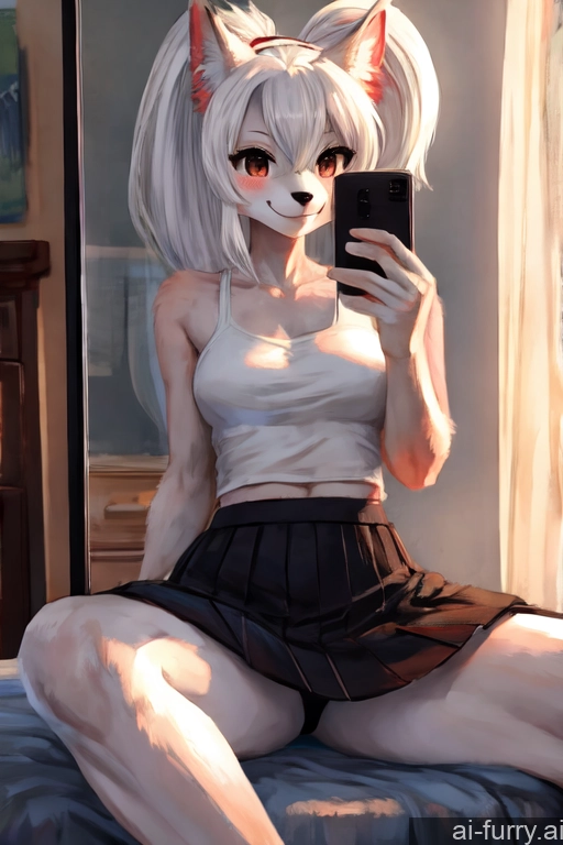 Bright Lighting Mesh Mini Skirt Detailed Spreading Legs 18 One Mirror Selfie Skinny Woman Soft Anime Bedroom Ponytail Fur White Hair African Happy