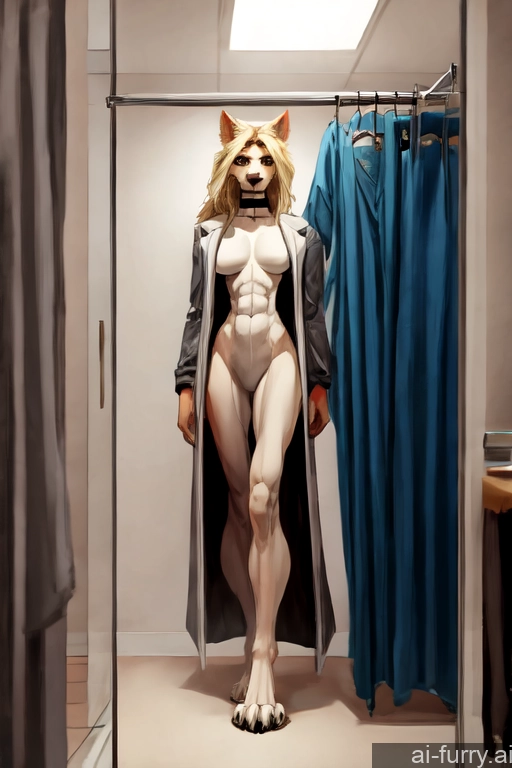 One Tailcoat Changing Room Serious Long Hair Simple Blonde Fur 20s Muscular Beautiful Skinny Messy Choker Nude Athlete Mirror Selfie Woman Front View Tall Bright Lighting