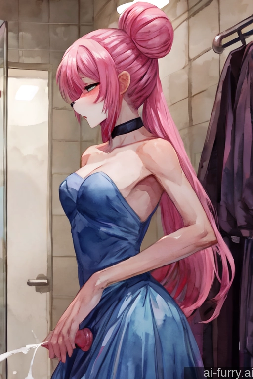 Dress Hair Bun Skinny Long Hair Blowjob Tall Changing Room Woman Pink Hair Soft Anime Cumshot Watercolor 20s Dark Fantasy Choker Cyborg