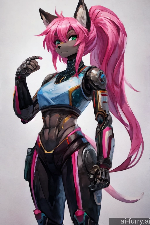 Tall Fur Woman 20s Skinny Soft Anime Cyborg Watercolor One Ponytail Pink Hair African