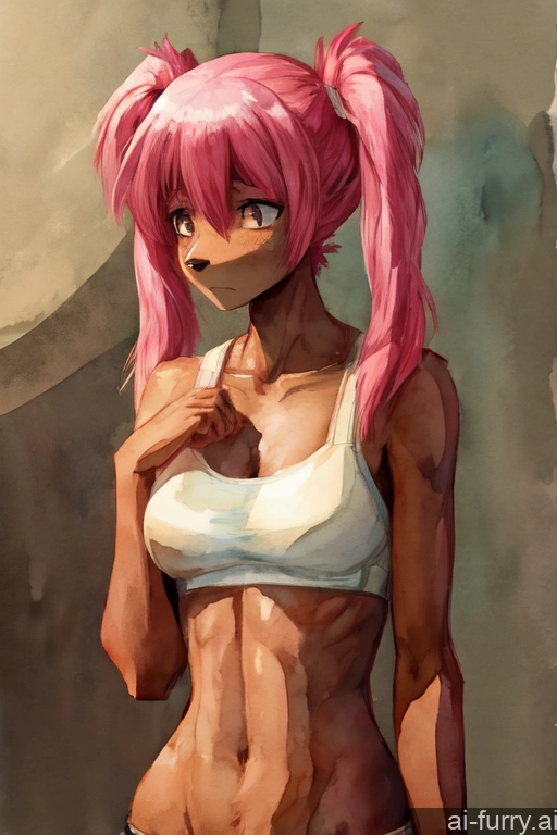 30s Pigtails Woman Tall Fur Pink Hair African Soft Anime Sad Skinny One Athlete Watercolor