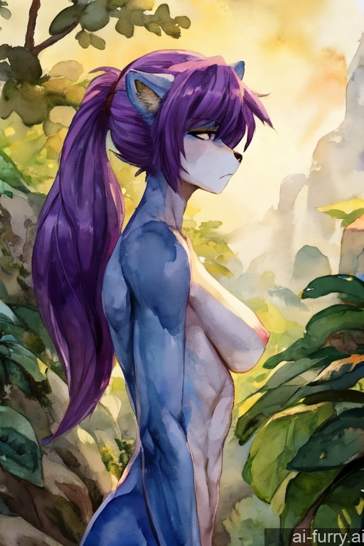 One Ponytail Soft Anime Fur Tall Athlete Sad African Woman 20s Watercolor Purple Hair Perfect Boobs Skinny