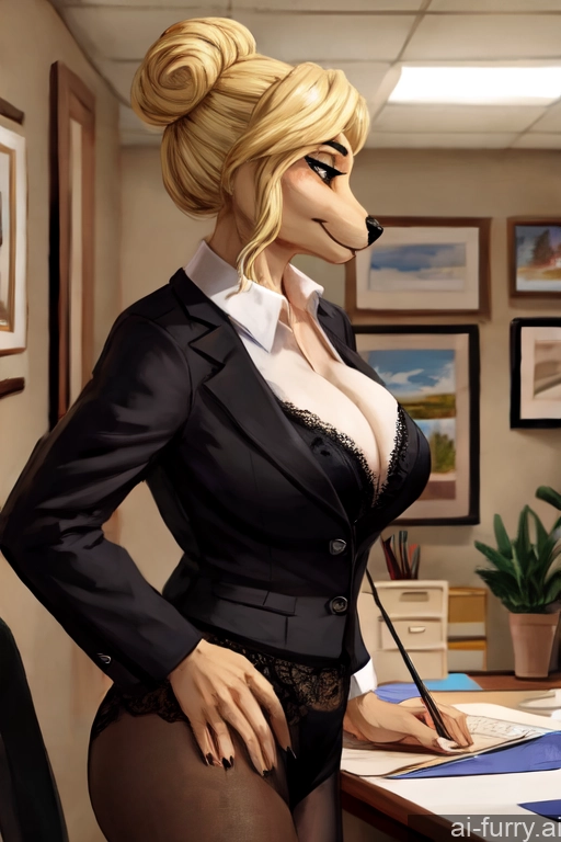 Office Milf Woman Secretary Blonde Pantyhose Painting Seductive Lingerie Side View One 40s Hair Bun Cleavage