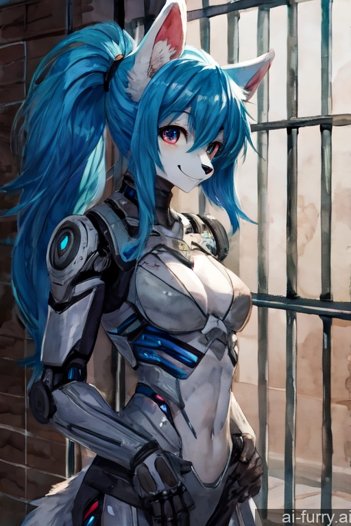 Woman 20s Fur Long Hair Happy Bdsm Skinny Watercolor Prison Ponytail Blue Hair Soft Anime Cyborg