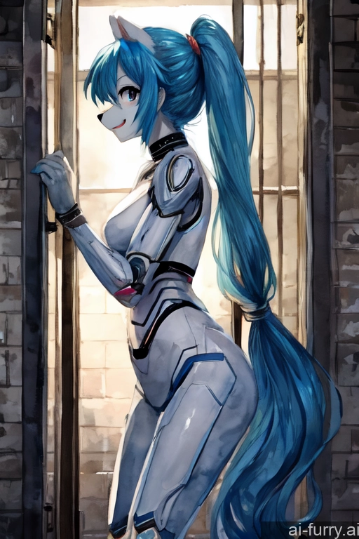 Prison Bdsm Happy Watercolor Woman Fur Ponytail Cyborg Long Hair Blue Hair Skinny Soft Anime 20s