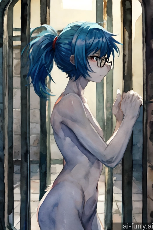 Woman Skinny Prison Watercolor Fur Short Hair Blue Hair Ponytail Nude 20s Sad Glasses Athlete Soft Anime