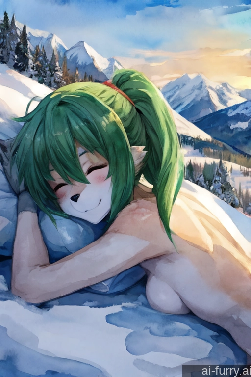 Snow Happy Woman Mountains Nude Perfect Boobs Sleeping Fur Pubic Hair Skinny 20s Soft Anime Ponytail Gloves Detailed Watercolor Green Hair