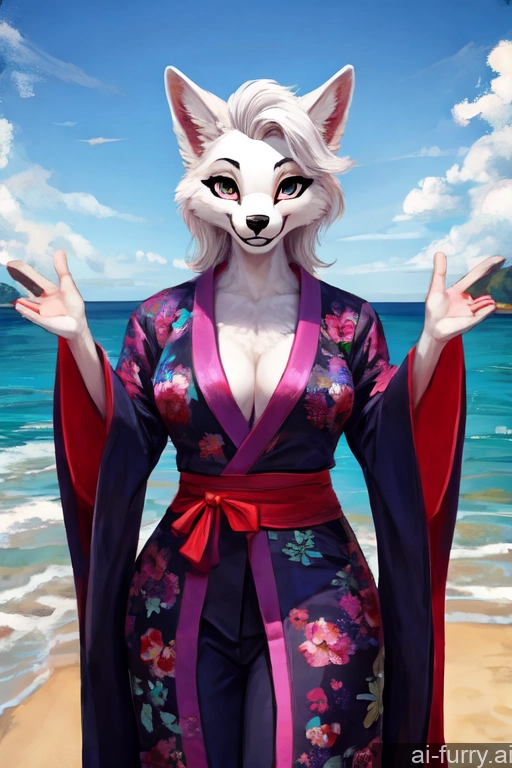 18 Kimono One Suit Front View T-pose Russian Beach Happy White Hair Slicked