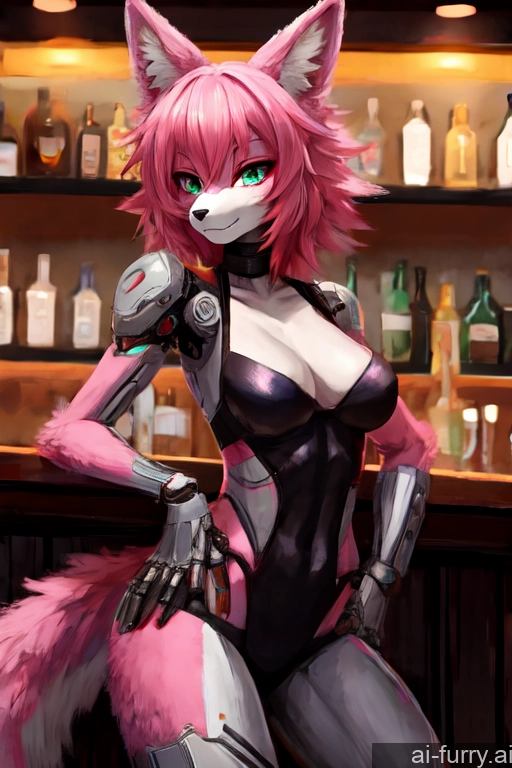 Skinny Soft Anime Bar Woman Fur Pink Hair Cyborg