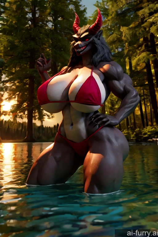 Devil 3d Lake Muscular Bikini Russian 30s Woman + Man Happy Huge Boobs