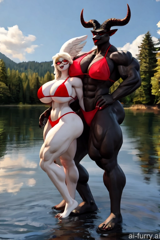 Happy 3d Two Milf 30s Bodybuilder Russian Angel Huge Boobs Lake Devil Glasses Woman + Man Bikini