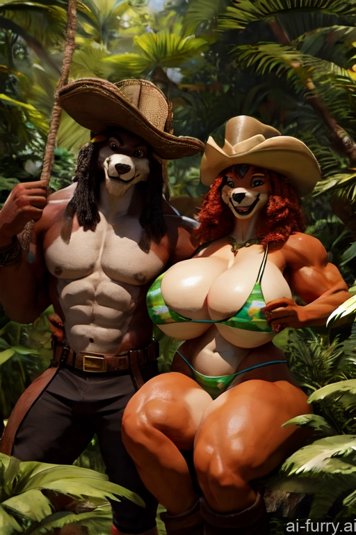 Two Pirate Bikini 30s Jungle Muscular 3d African Happy Woman + Man Hat Huge Boobs