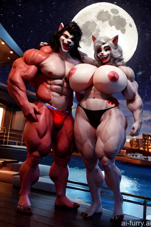 Laughing Vampire Two Bodybuilder Panties Woman + Man Muscular Topless Yacht Russian Bimbo Moon 30s Huge Boobs 3d