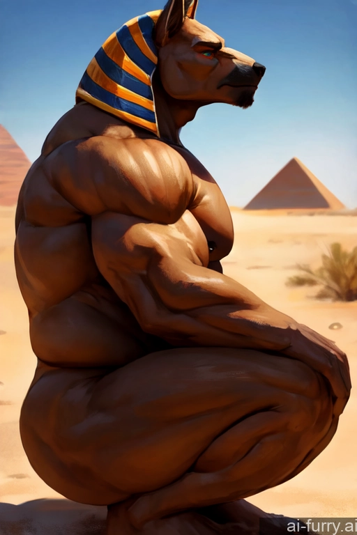 Egyptian Dark Skin Gold Jewelry Beach Side View Fat Squatting Desert Serious 40s Nude One Muscular Chubby Bodybuilder