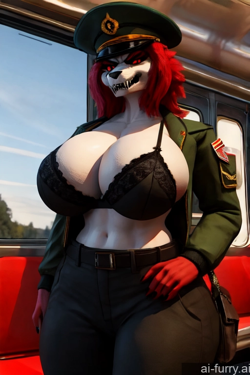 Military 30s Russian Angry Milf One Huge Boobs Bra Train Devil Hat 3d