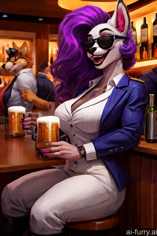 Slicked Tattoos Laughing 18 Sunglasses Bar Beer Several Partially Nude Boots Woman Blouse Muscular Beautiful Jacket Perfect Body Flight Attendant Purple Hair Blowjob