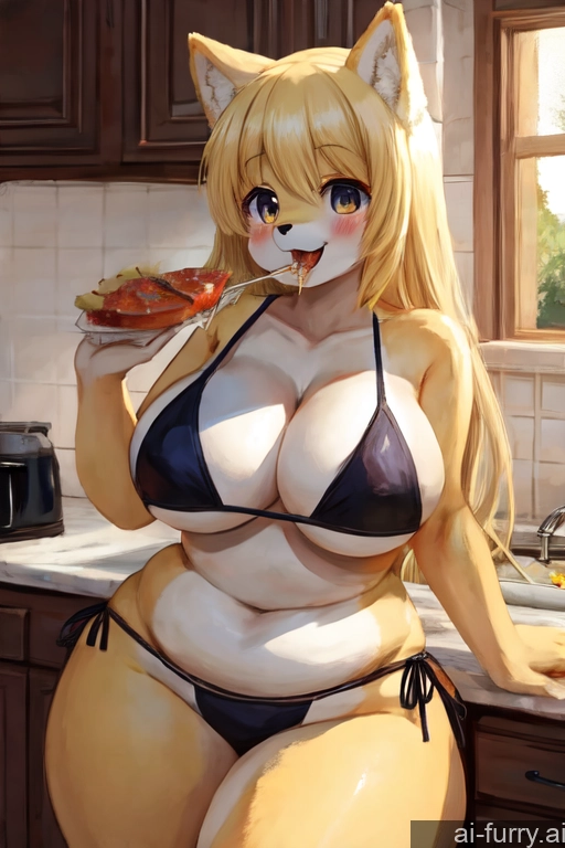 Blonde Chubby Bikini Messy White Woman Happy 20s Soft Anime Thick Eating Kitchen Front View