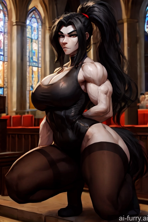 Church Pantyhose Athlete Serious Busty Black Hair Tall Big Hips Squatting Bdsm Dark Fantasy Ponytail Two Muscular